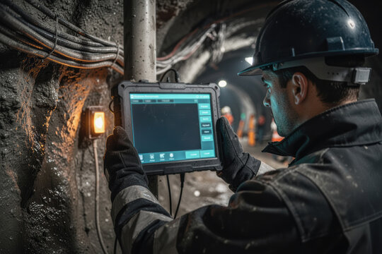 Man using tablet in underground tunnel checking industrial monitoring dashboard