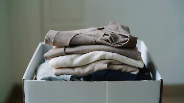 Person packing folded clothes into a cardboard box. Hands organizing sweaters for moving or donation. Home organization and decluttering concept
