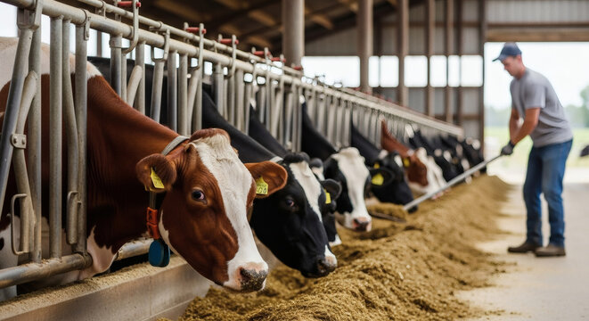 Farmer feeding dairy cows inside a modern agricultural barn
