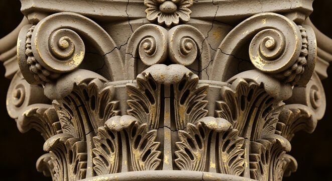 Intricate classical architectural column capital with acanthus leaves and scrolls in black and white