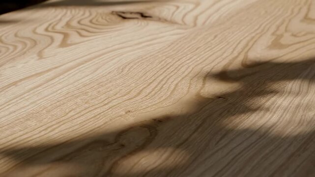 Light and shadow interplay on a smooth wooden surface, showcasing the natural grain patterns and textures of the wood in a well-lit environment