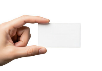 Obraz premium Blank business card held by male hand, white paper card mockup for branding, person holding empty name card isolated on white background