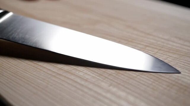 Stainless steel kitchen knife positioned on wooden cutting board, showcasing sharp blade and smooth surface, with subtle reflections and natural wood grain visible in the background