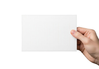Obraz premium Blank white card held by hand, empty paper mockup for business message, clean horizontal greeting card on white background, minimalist invitation template