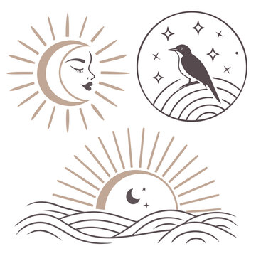 A minimalist vector graphic illustration of celestial bodies and a bird in a simple, flat design style