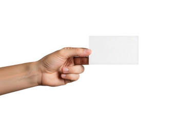 Fototapeta premium Blank business card held by hand, white paper card mockup for branding identity, person holding empty name card isolated on white background