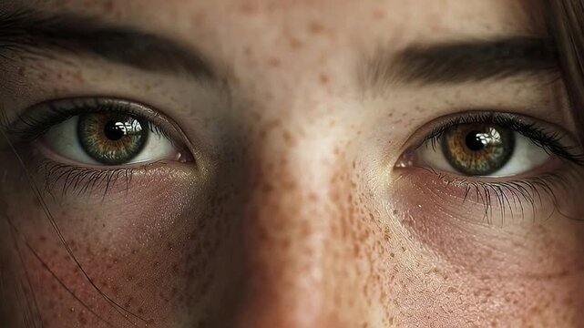 Close up of a womans expressive eyes with freckles.