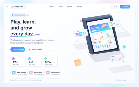 Isometric kids learning app landing page with tablet interface, lesson cards, progress widgets, parent insights, and pastel education blocks.