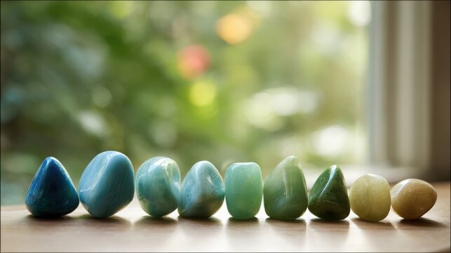 A Collection of Smooth Polished Teal and Green Gemstones Arranged in a Row Outdoors