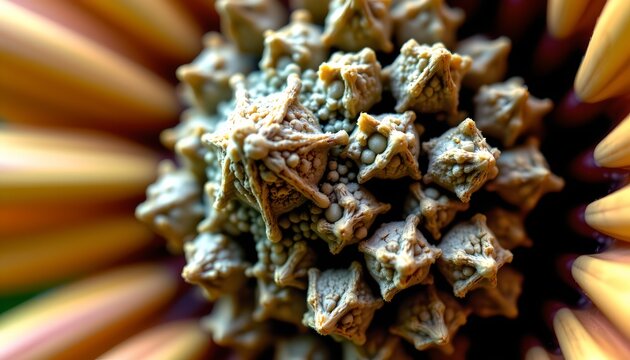 The image features a close up view of the central part of a flower, highlighting the intricate texture of its stigma