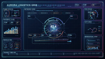 Fototapeta premium Futuristic logistics dashboard interface with fleet status, shipment flow, ETA metrics, city routing, and warehouse load on dark neon HUD.