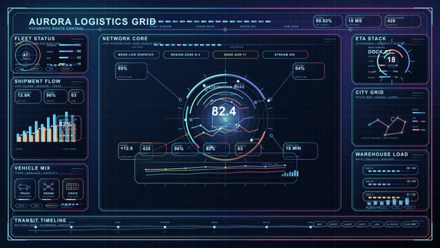 Futuristic logistics dashboard interface with fleet status, shipment flow, ETA metrics, city routing, and warehouse load on dark neon HUD.