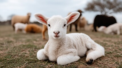 Fototapeta premium A small lamb lies on grass surrounded by trees while other sheep graze nearby on a sunny day with a clear sky
