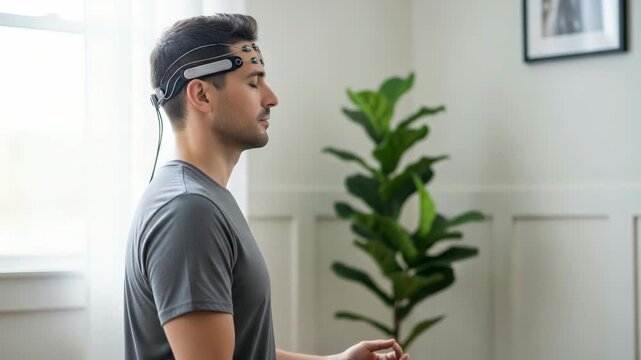 Young Man Meditating with EEG Neurofeedback Headset in Bright Minimal Home Biohacking Wellness Technology Concept