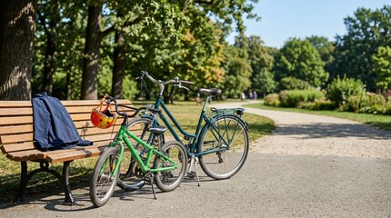 Fototapeta premium Two bicycles parked beside park bench with child's helmet hanging