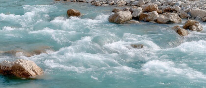 Water flows swiftly over rocks in a mountain stream surrounded by natural scenery with soft lighting and flowing movements