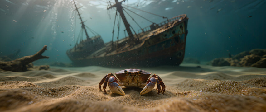 Crab on sandy seabed or shore near a shipwreck, underwater or on beach, natural marine environment, soft blurred background.
