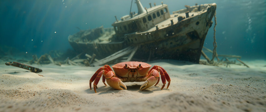 Crab on sandy seabed or shore near a shipwreck, underwater or on beach, natural marine environment, soft blurred background.
