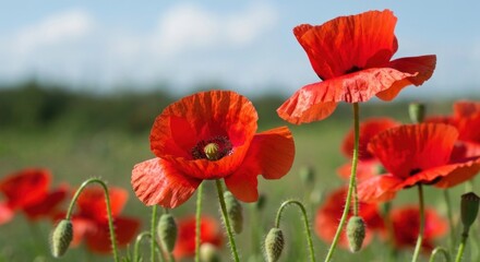 Naklejka premium Vibrant red poppies in a sunny field