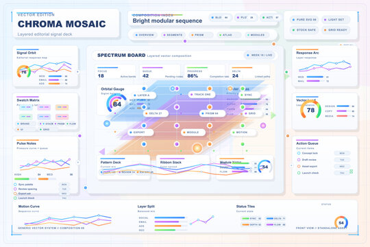 Pastel modular analytics dashboard interface with charts, gauges, layered panels, and abstract data widgets in a clean futuristic layout.