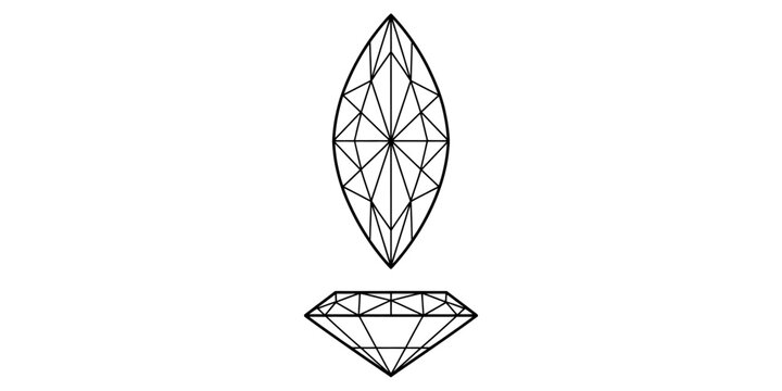 Top and side view wireframe illustration of a marquise cut gemstone on white background Vector, illustration