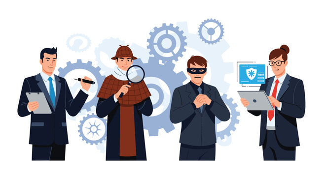 Group of professional characters including a detective hacker and businessman standing before large mechanical gear symbols.
