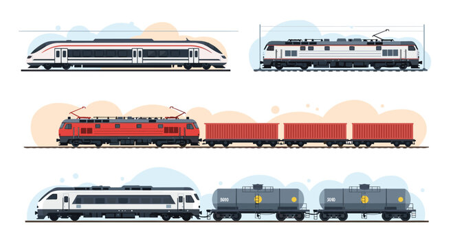 Collection of different railway trains including a modern high speed passenger locomotive and cargo freight carriages.