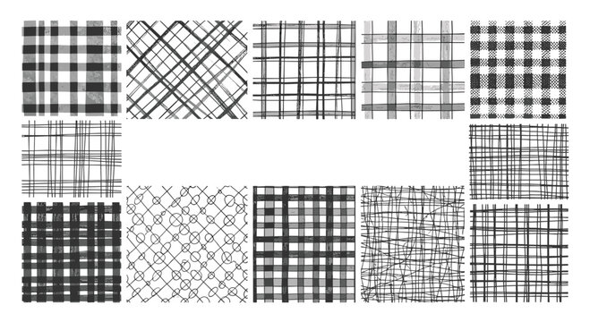 Collection of various hand-drawn plaid and grid patterns in black and grey tones for textile and background design.