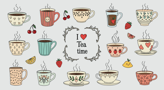 Charming collection of patterned tea cups with steam, accompanied by fruit icons and a central I love tea time badge.