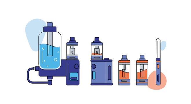 Collection of electronic cigarette components including vape mods tanks battery units and e-liquid bottles in a blue and orange theme.