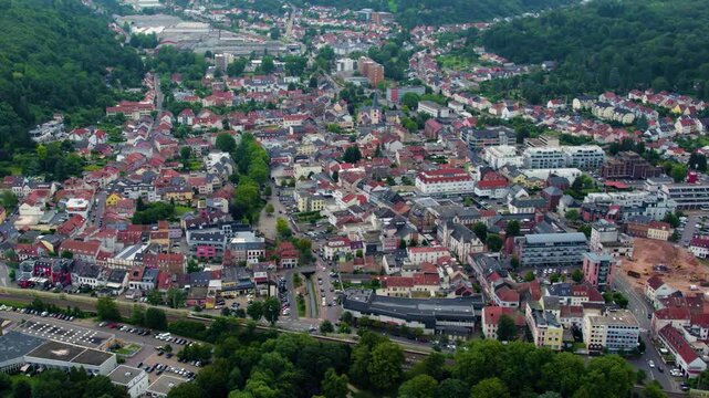 Aerial view around the city Merzig in Germany, Saarland on a cloudy day in summer