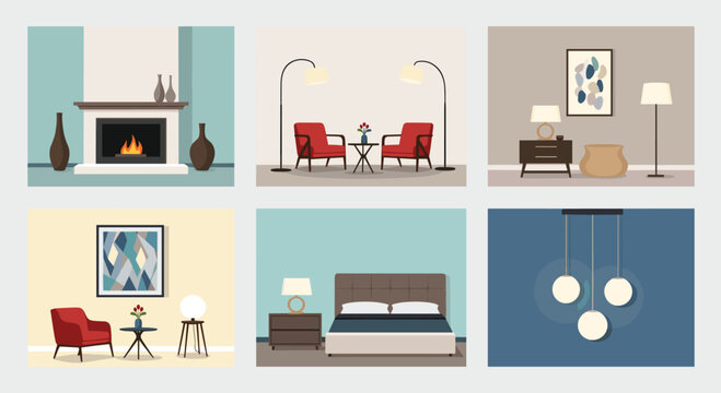 Six interior design vignettes showing a fireplace sitting area bedroom workspace and lighting fixtures for home decor inspiration.