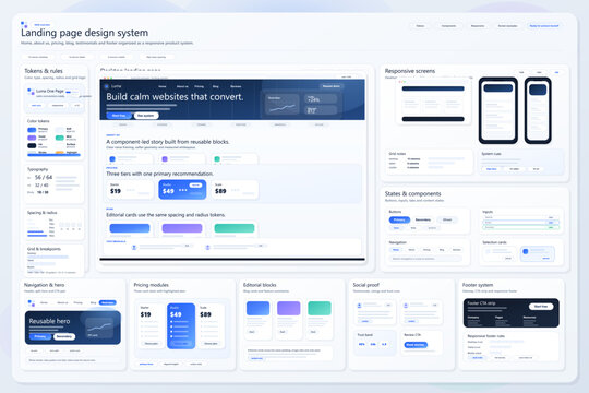 Landing page design system board with desktop and mobile website mockups, responsive components, pricing cards, tokens, and footer modules.