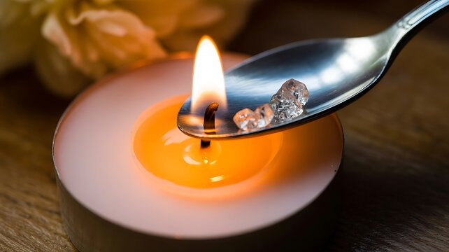 poon heating substance over candle flame in close up view
