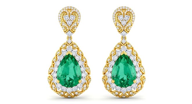 A pair of elegant gold earrings featuring large green gemstones isolated on white background