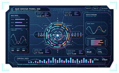 Fototapeta premium Futuristic neon HUD dashboard panel with circular radar interface, multicolor data charts, control widgets, and glowing sci-fi screen graphics.