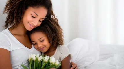 Fototapete Tierärzte Woman and daughter enjoy a warm embrace in bed while holding a bouquet of tulips against a white backdrop  © lililia