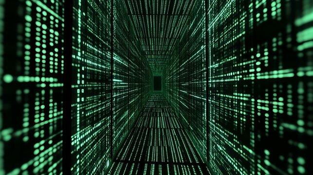 Green digital matrix code tunnel perspective