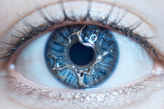 Iridescent liquid mercury droplets swirl across the surface of a blue iris, creating distorted reflections and metallic striations against the ocular texture. High-contrast macro captures fluid