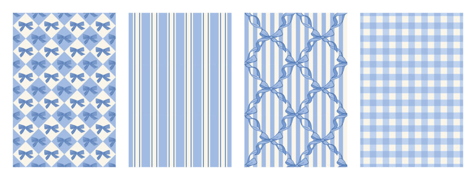 Set of blue coquette seamless pattern with bows. Striped, plaid and diamond repeating print for wrapping paper, fabric and textile. Gingham or vichy. Flirtatious patterns. Vector illustration