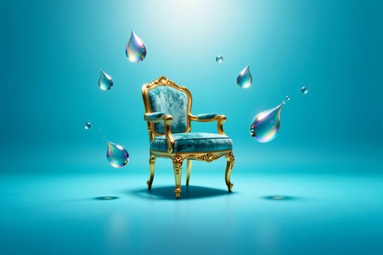 Ornate teal velvet armchair suspended amidst levitating translucent water droplets against an ethereal turquoise gradient backdrop with diffused overhead lighting.