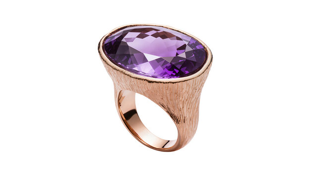 Isolated luxury rose gold cocktail ring with large oval amethyst gemstone and textured band
