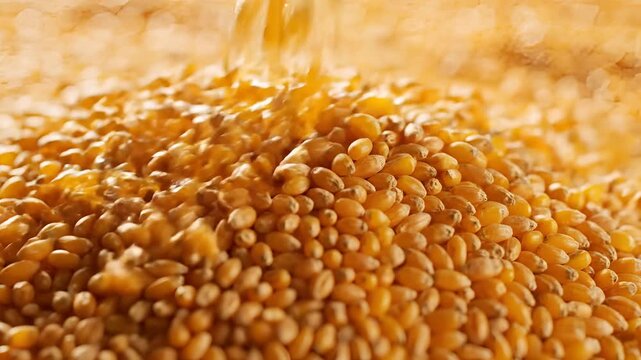 Closeup shot of golden corn kernels pouring into a large pile agricultural harvest concept.