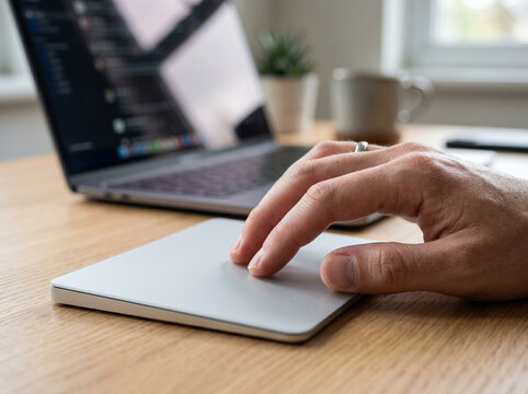 Close up of a hand resting on a silver touch pad