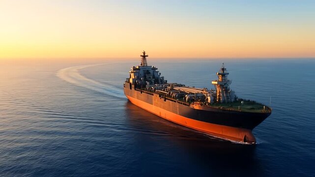 Crude oil tanker sailing across tranquil sea under glowing sunset light representing global trade and power