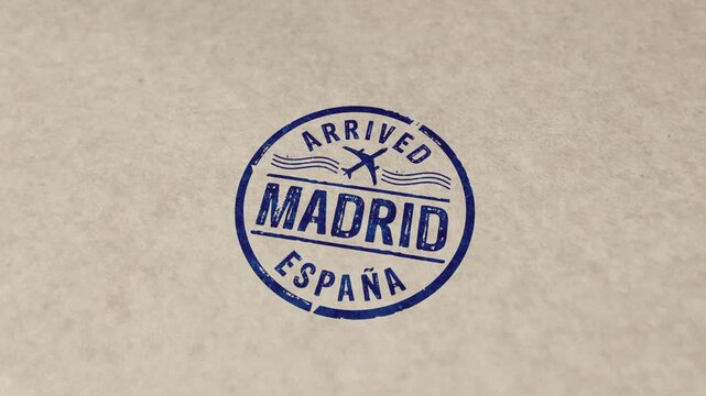Madrid Spain arrived stamp and hand stamping impact animation. Flight arrival 3D concept. 