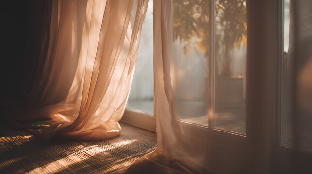 Soft morning light through sheer curtains in calm bedroom minimal interior showcasing warm lifestyle energy and peaceful living concept