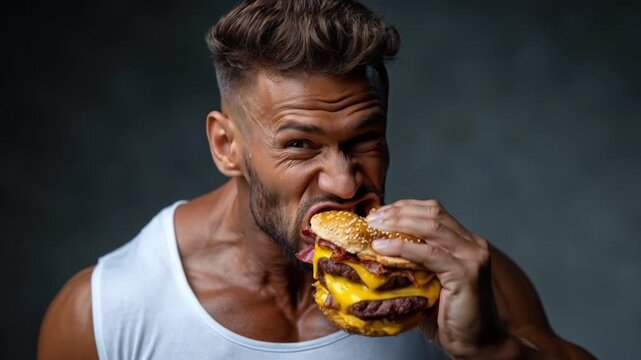 Hungry man taking large bite of juicy double cheeseburger against dark background.