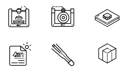 Fototapeta premium Innovation in the Making: Six stylized icons illustrate the transformative potential of 3D printing technology, offering a glimpse into the future of design and creation.