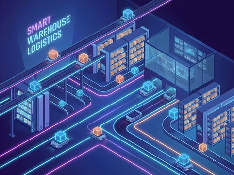 Abstract Digital Isometric Server Network Design with Glowing Lines